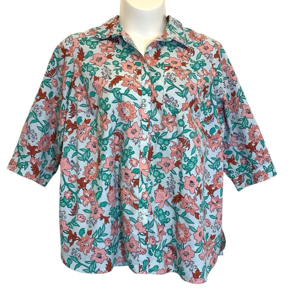 Lands End Button-Up Blouse Women Size 22W Green Coral Floral 3/4 Sleeve Cotton